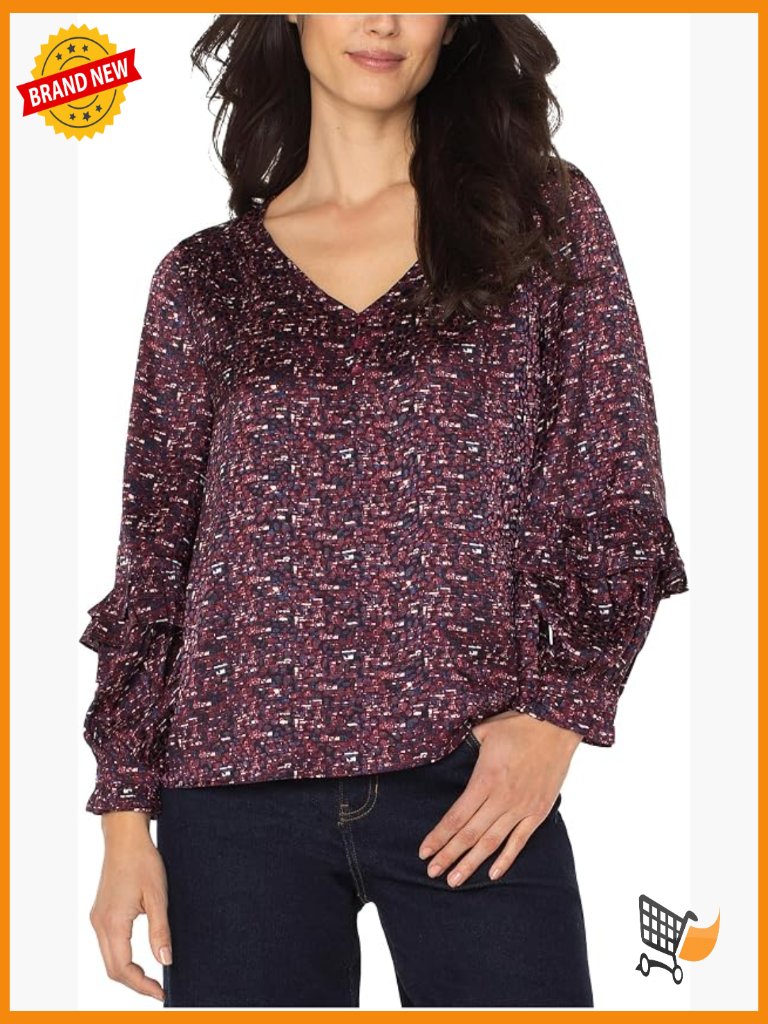 Long Sleeve Woven Blouse With Ruffles V-Neck